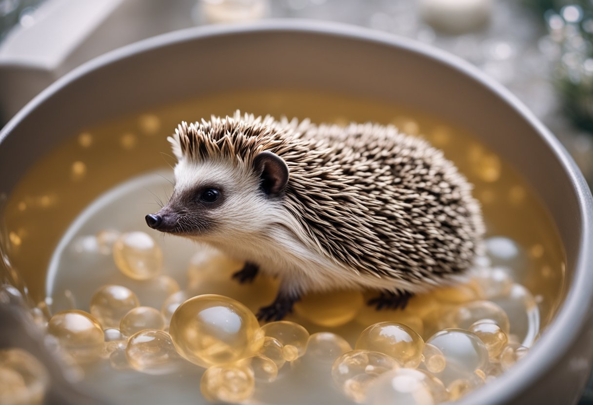 A hedgehog sitting in a shallow bath, surrounded by bubbles, with a concerned expression on its face