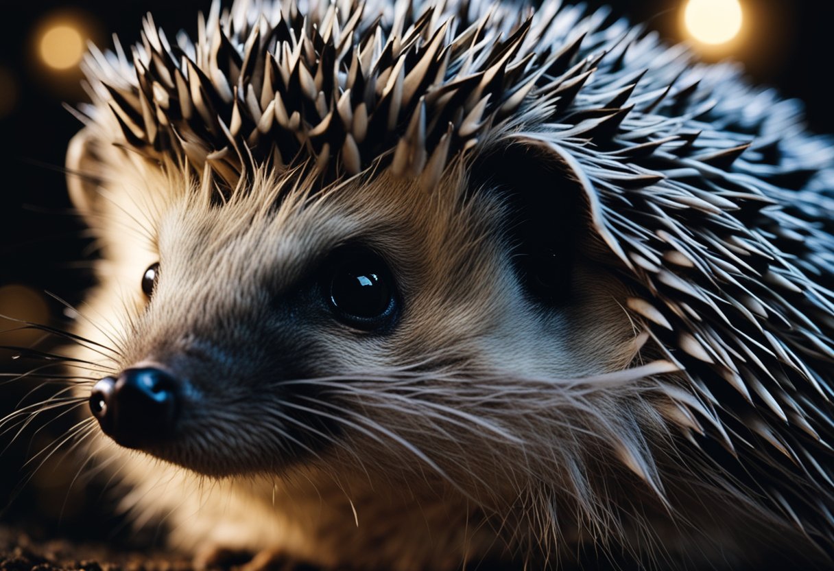 A hedgehog peers into the moonlit night, its eyes reflecting the faint glow as it searches for food in the darkness