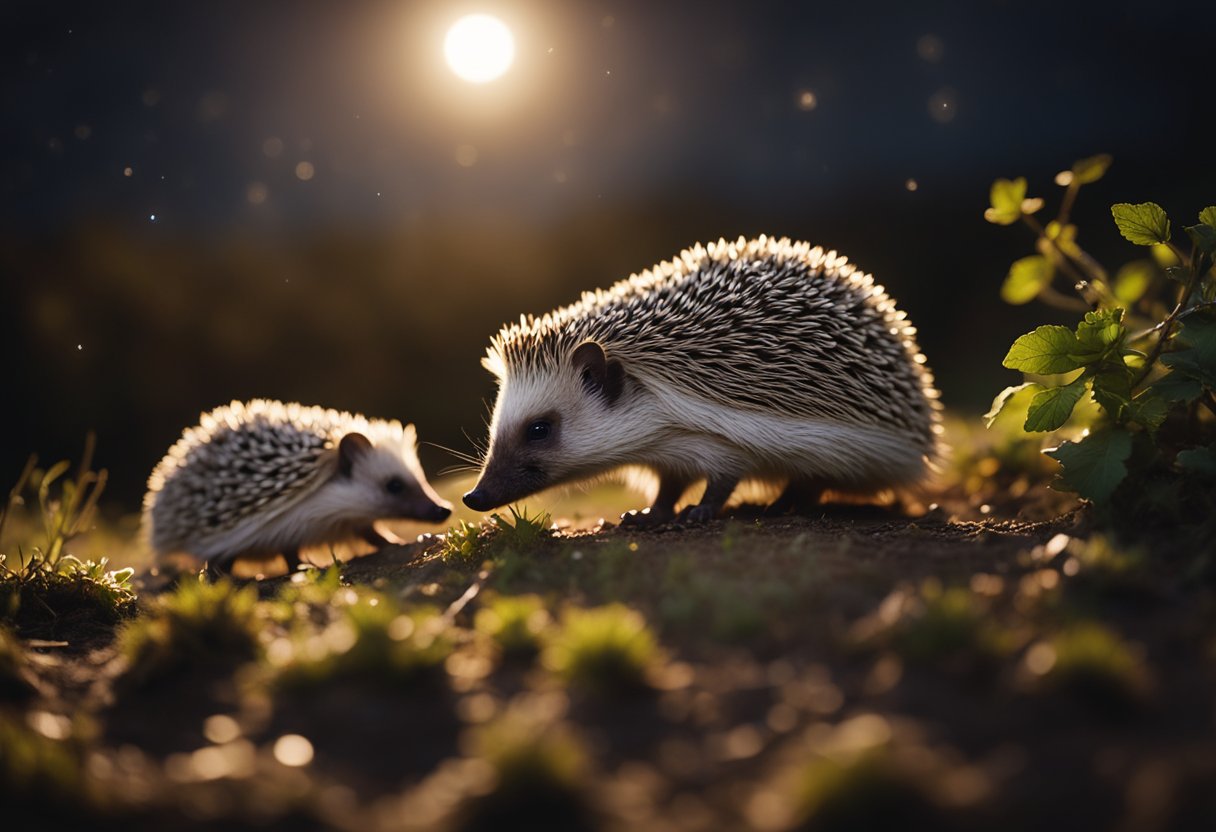 Hedgehogs foraging under moonlight, navigating through the dark with their keen sense of smell and hearing