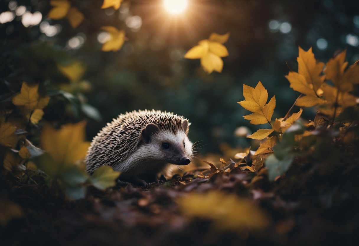 Hedgehog surrounded by moonlit foliage, peering into dark burrow