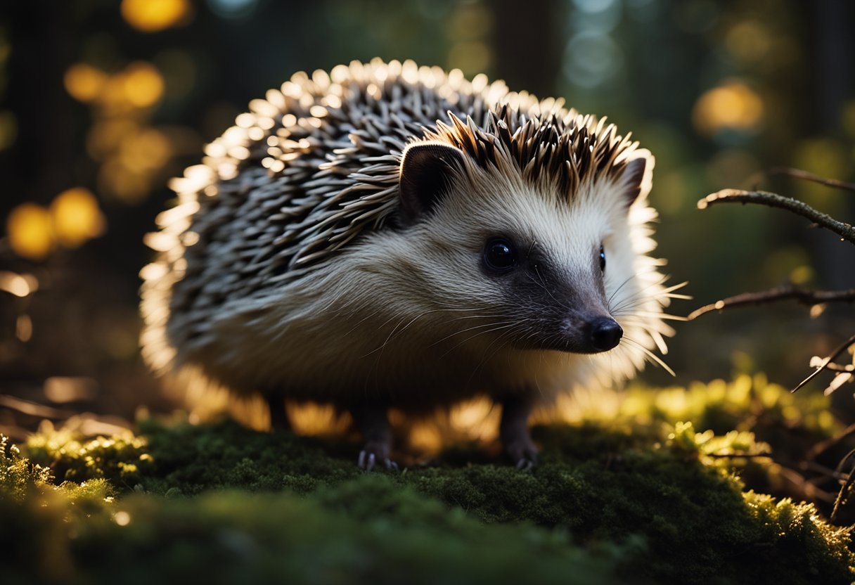 A hedgehog stands in a moonlit forest, its eyes wide open as it peers into the darkness, surrounded by shadows and silhouettes of trees