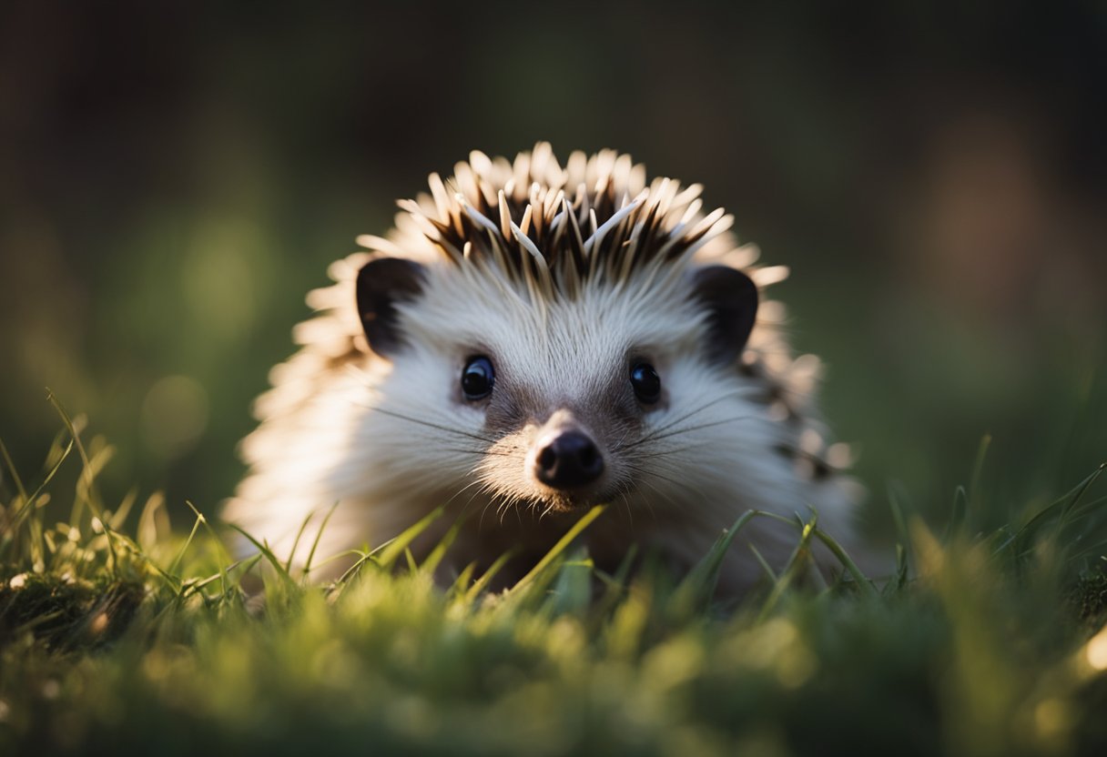 A hedgehog with quills raised, peering into the darkness with bright, alert eyes