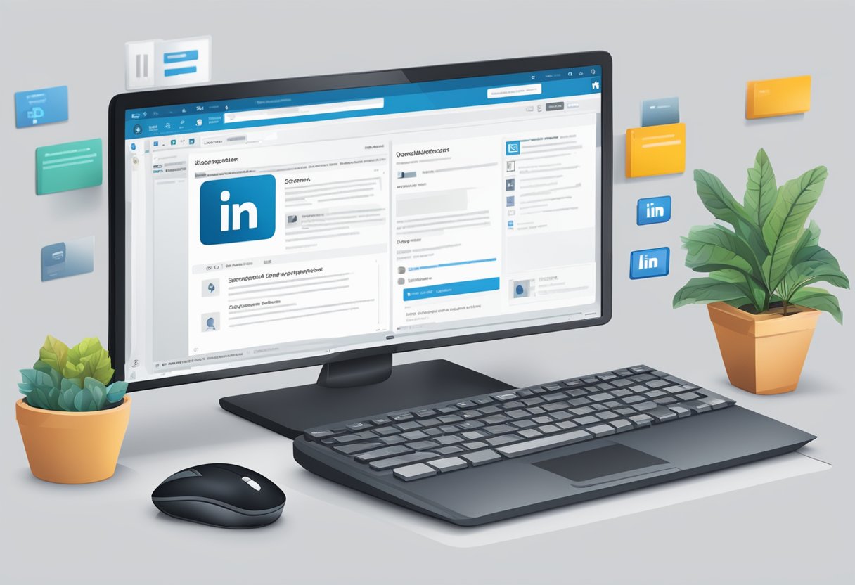 A computer screen with LinkedIn open, a keyboard, and a mouse. A job ad template is visible on the screen, with options to customize and post