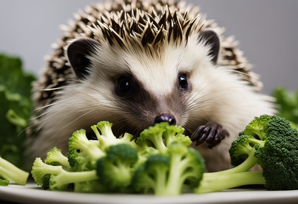 A hedgehog nibbles on a piece of broccoli, its tiny paws holding the leafy green vegetable as it munches away