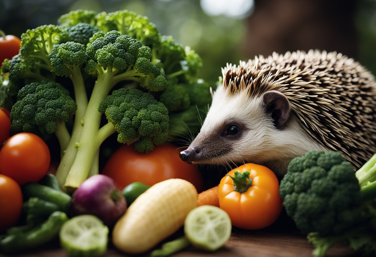A hedgehog sits beside a pile of vegetables, with a piece of broccoli in its mouth
