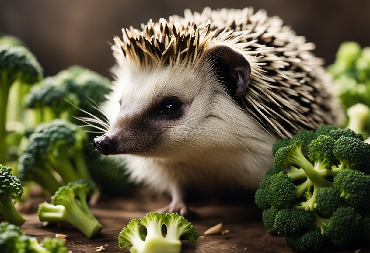 A hedgehog sniffs at a pile of broccoli, its quills raised in curiosity