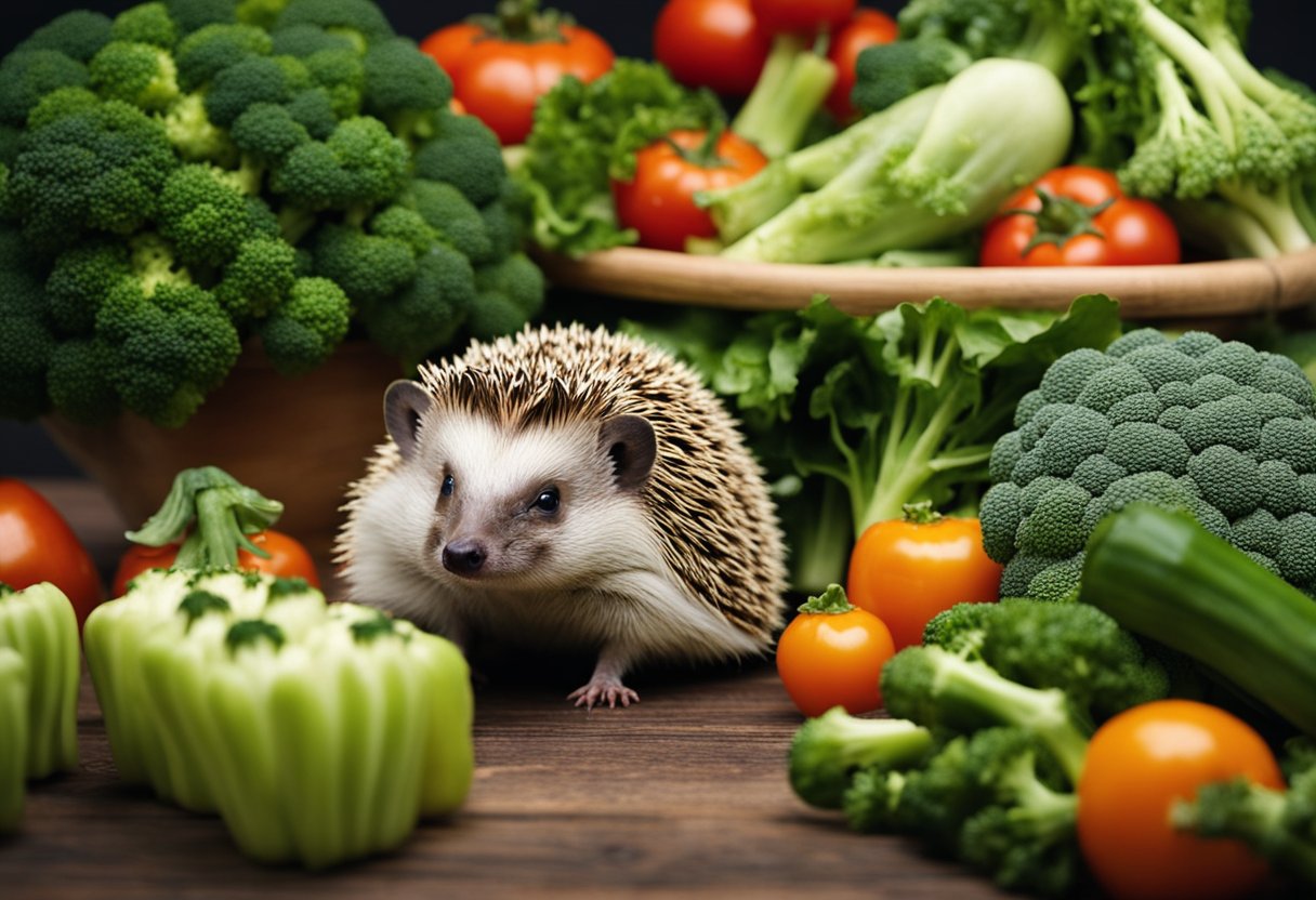A hedgehog surrounded by a variety of vegetables, including broccoli, with a curious expression on its face