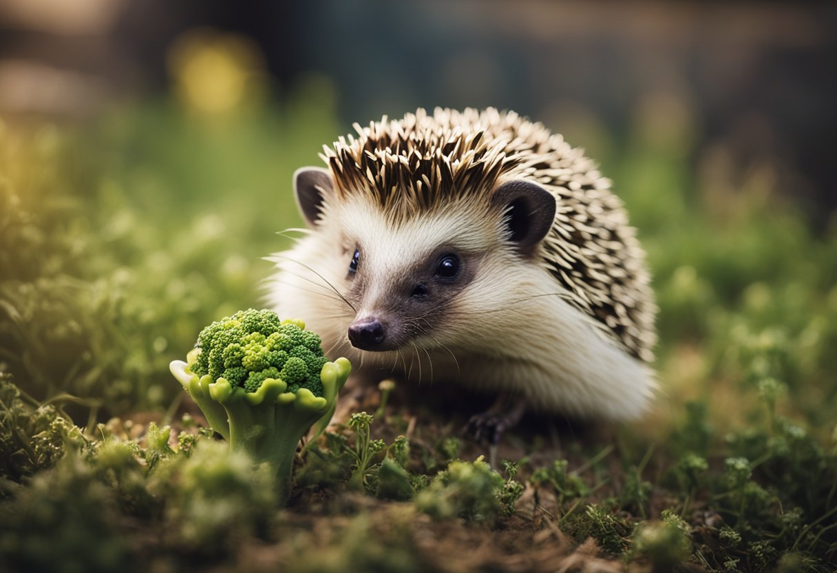 A hedgehog cautiously sniffs a piece of broccoli, its quills raised in curiosity