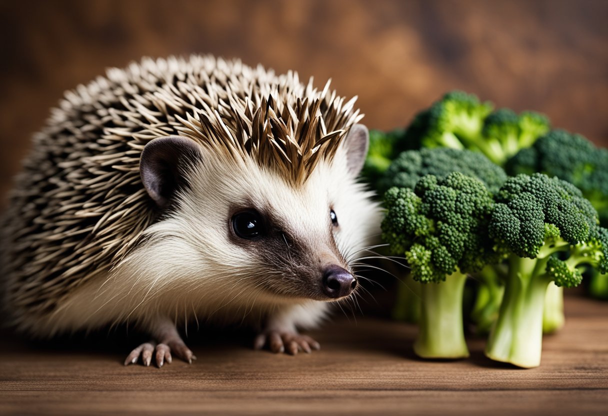 A hedgehog sits next to a pile of broccoli, looking curious. Text above reads "Can hedgehogs eat broccoli?" with a question mark