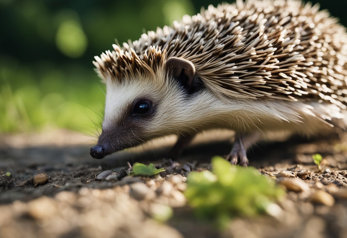 A hedgehog sniffs at a group of cicadas, its nose twitching as it considers whether to eat them. The cicadas buzz and flutter, unaware of the predator lurking nearby