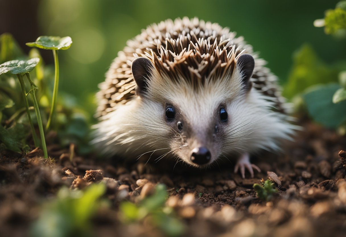 A hedgehog surrounded by various resources, including plants and insects like cicadas, in a natural habitat