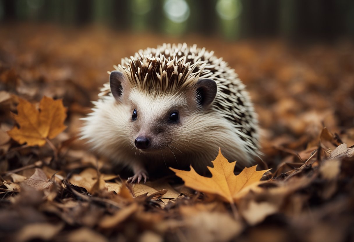 A hedgehog munches on a cicada, surrounded by fallen leaves and twigs in a forest clearing