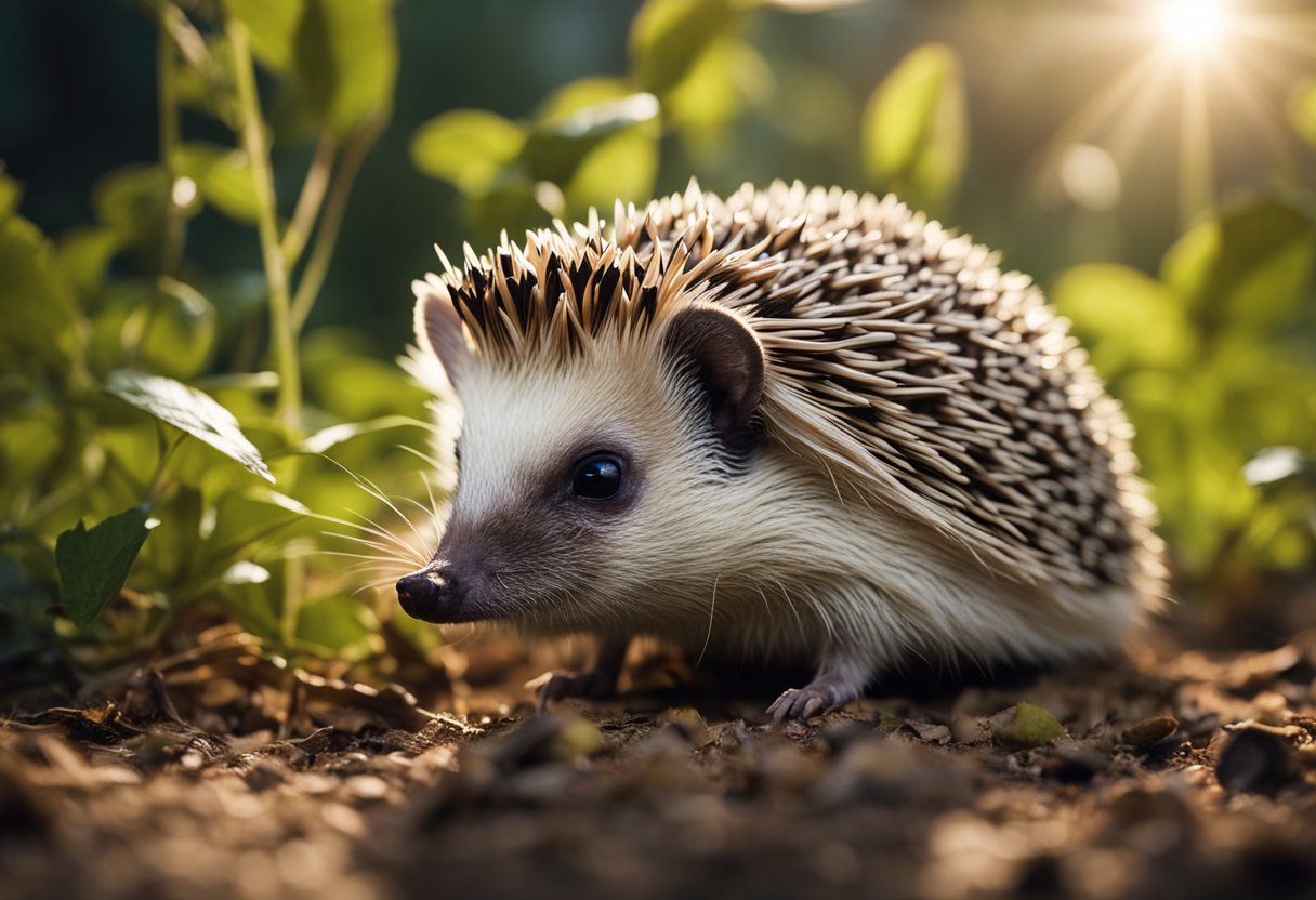 A hedgehog sniffs at a cicada on the forest floor, its spiky back raised in curiosity