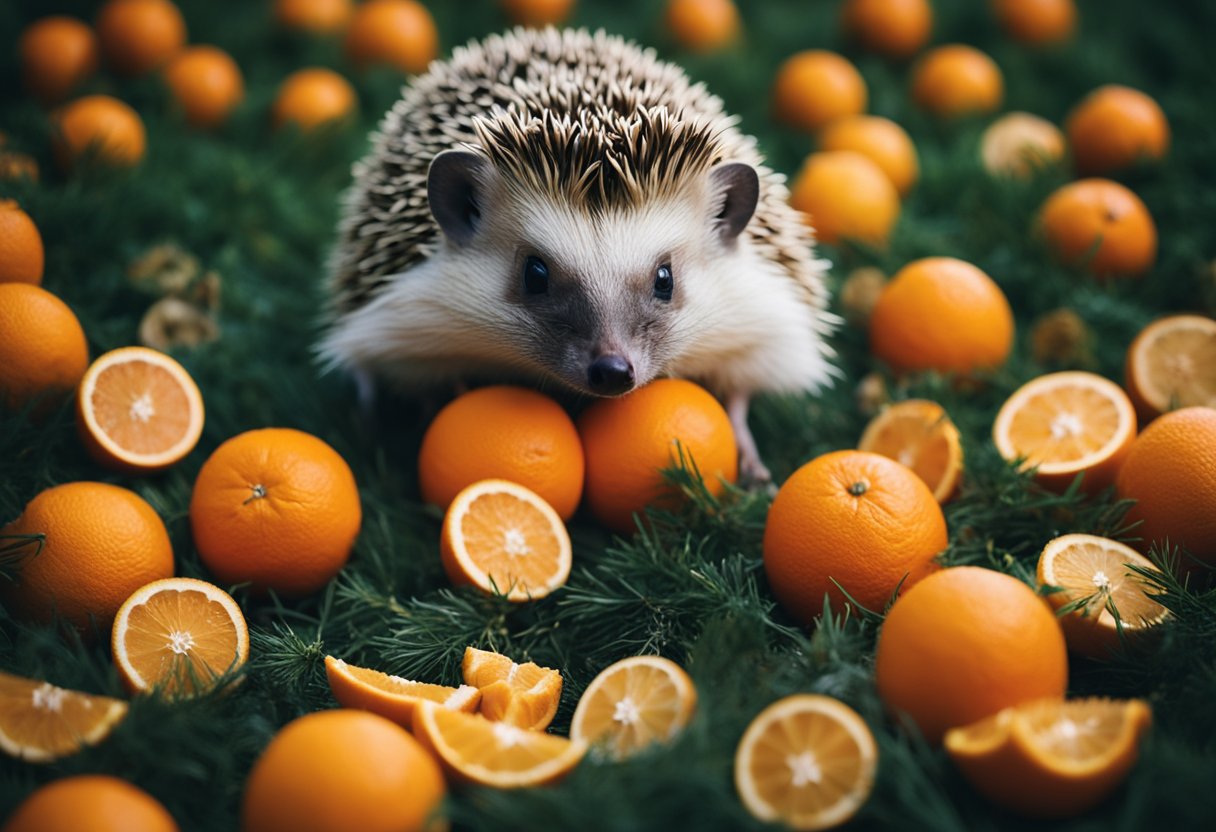 A hedgehog sits near a pile of oranges, sniffing and nibbling on the fruit