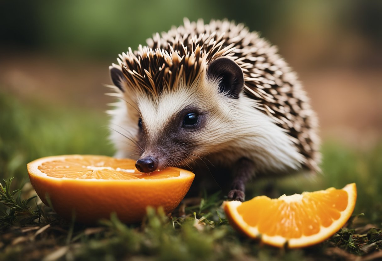 A hedgehog is munching on an orange, its tiny paws holding the fruit as it takes small bites