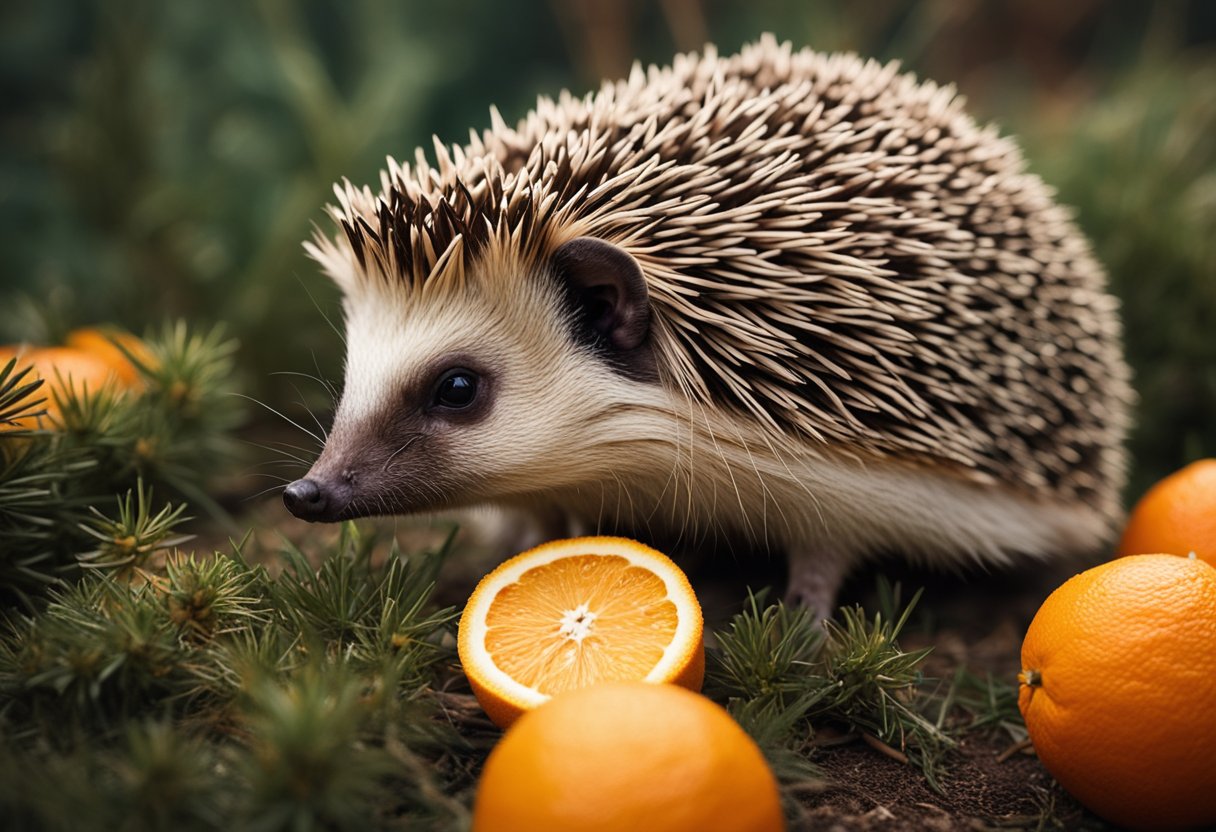 A hedgehog sniffs at a pile of oranges, its quills raised in curiosity