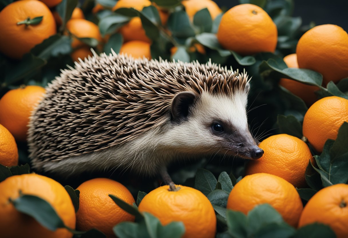 A hedgehog surrounded by oranges, sniffing and nibbling on one
