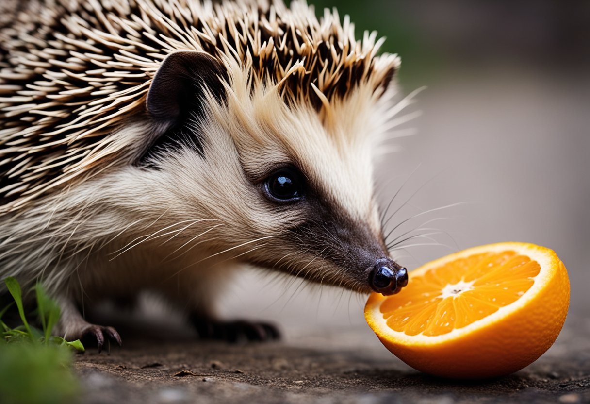 A hedgehog cautiously sniffs an orange, then nibbles it with curiosity