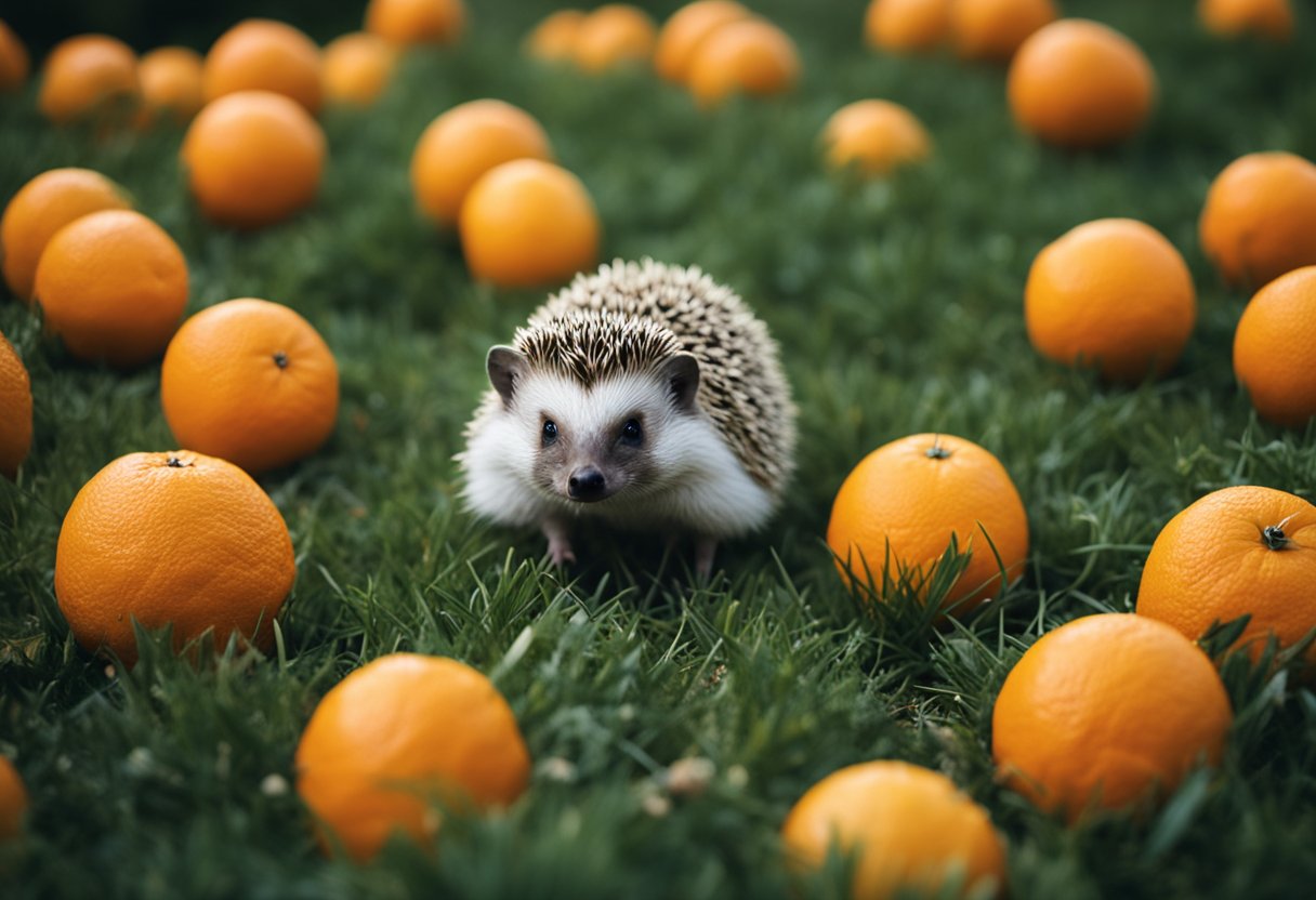 A hedgehog surrounded by oranges, looking curious