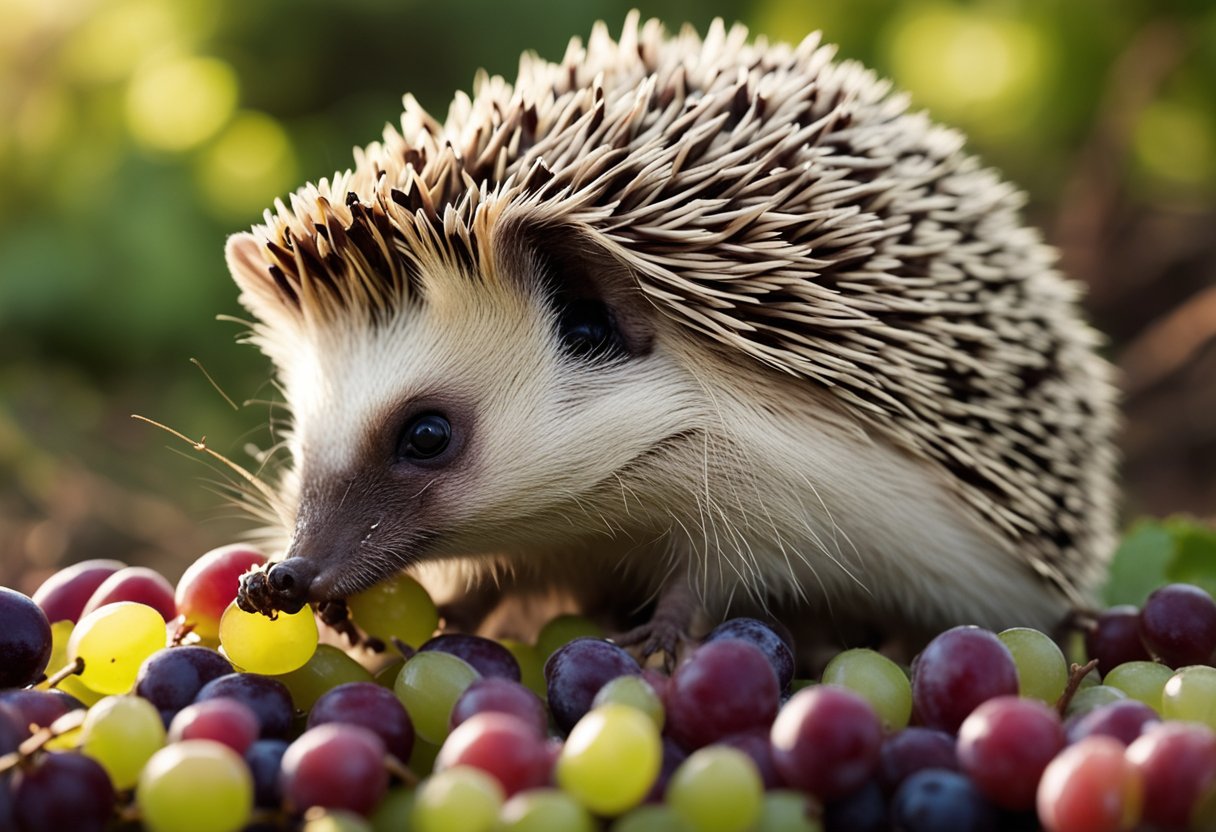 A hedgehog eagerly munches on a bunch of juicy grapes, its tiny paws delicately holding the fruit as it nibbles away