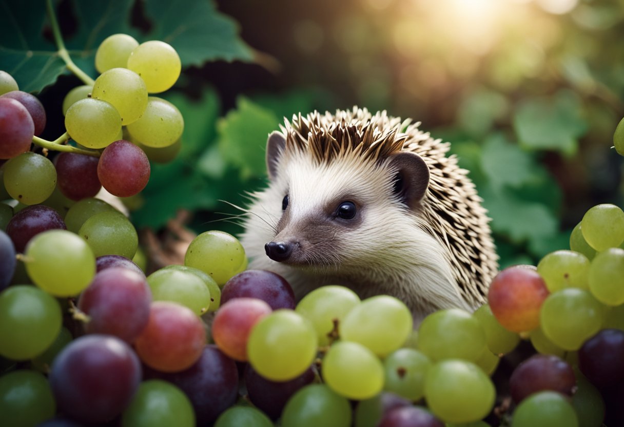 A hedgehog surrounded by grapes, sniffing and nibbling on one