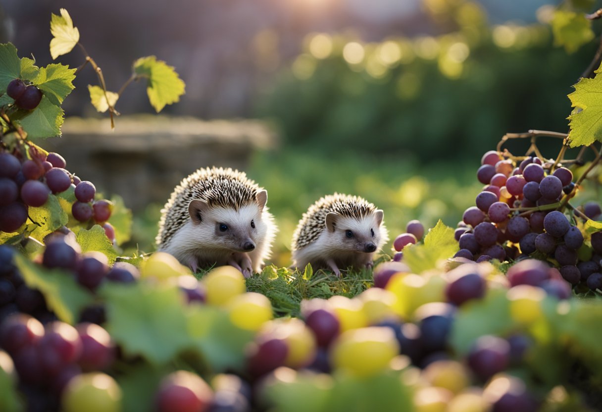 A hedgehog sits among scattered grapes, sniffing cautiously