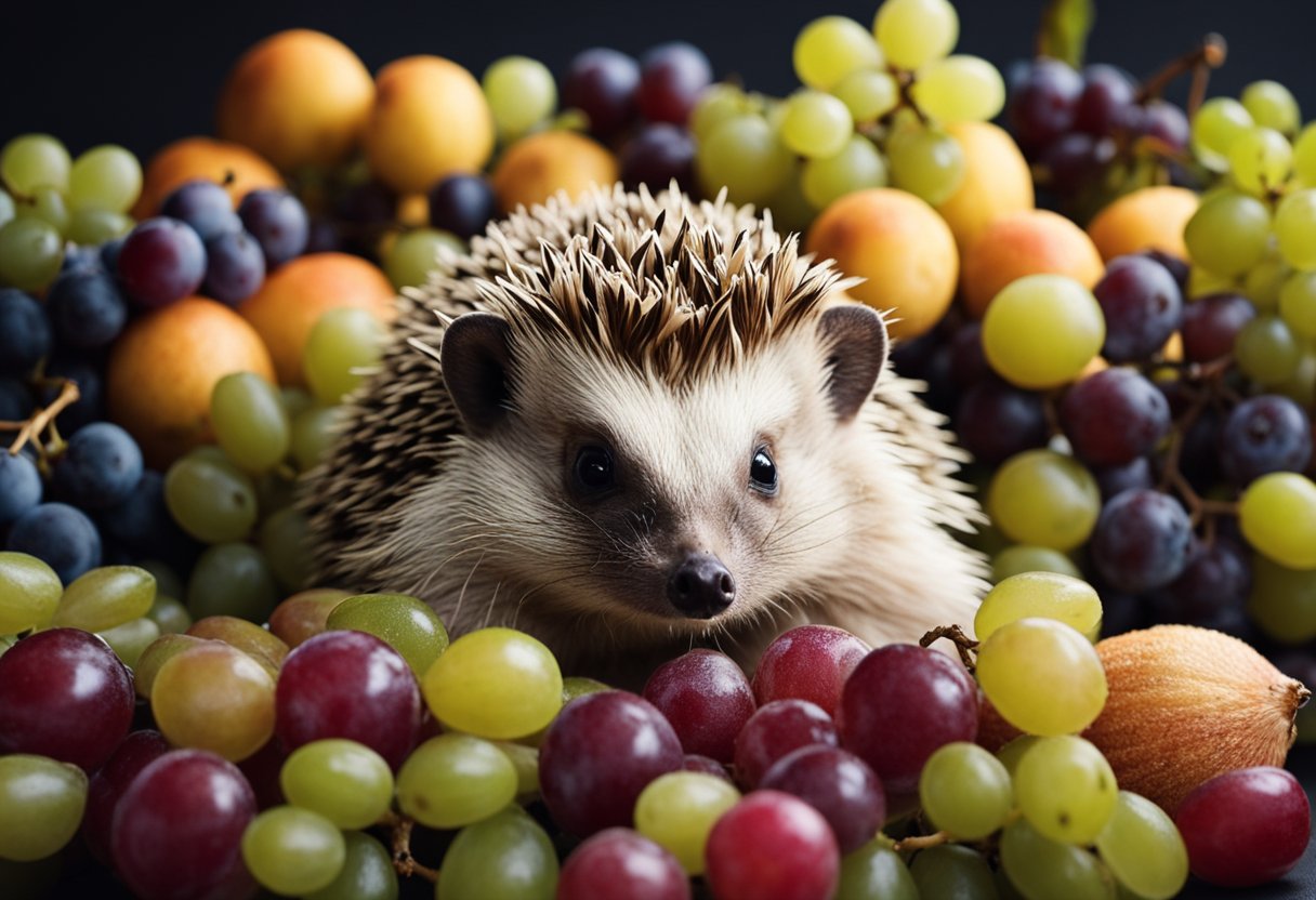A hedgehog surrounded by various fruits, including grapes, with a curious expression as it sniffs the grapes
