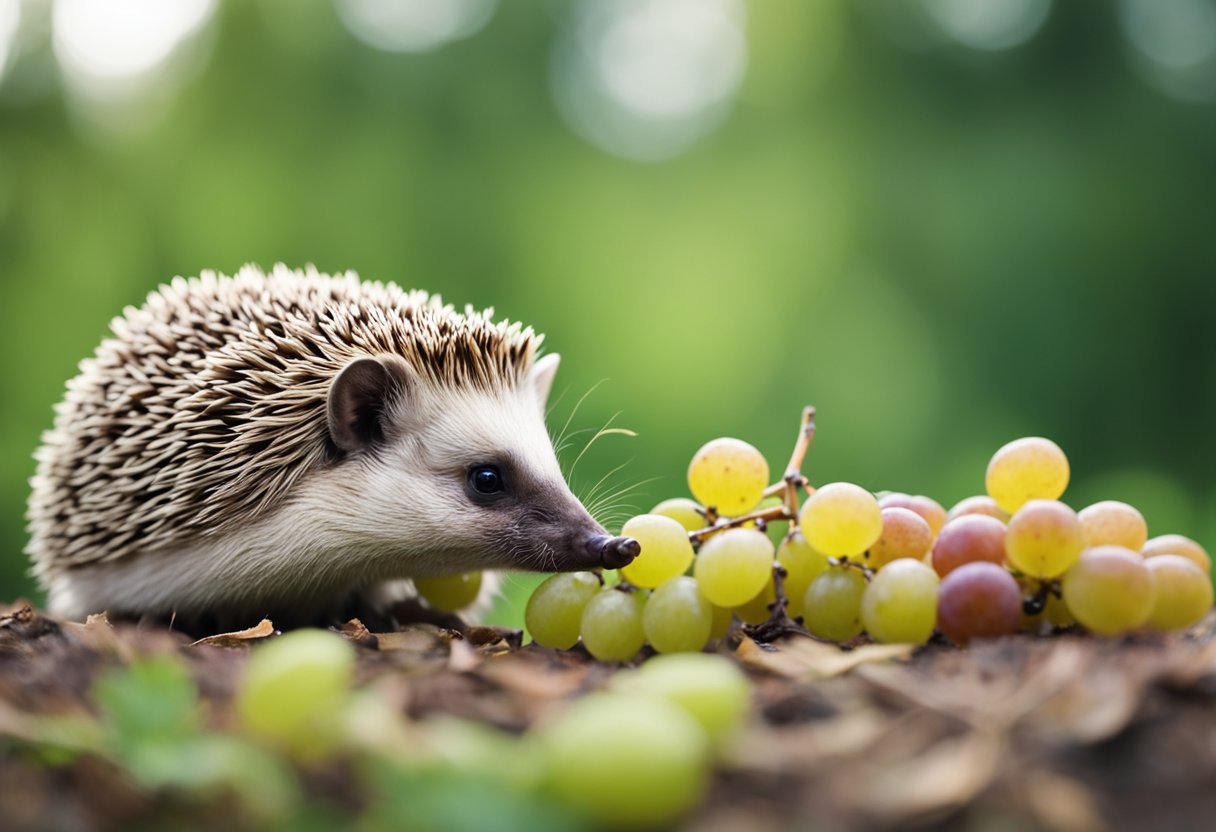 A hedgehog cautiously sniffs a bunch of grapes, then nibbles on one tentatively