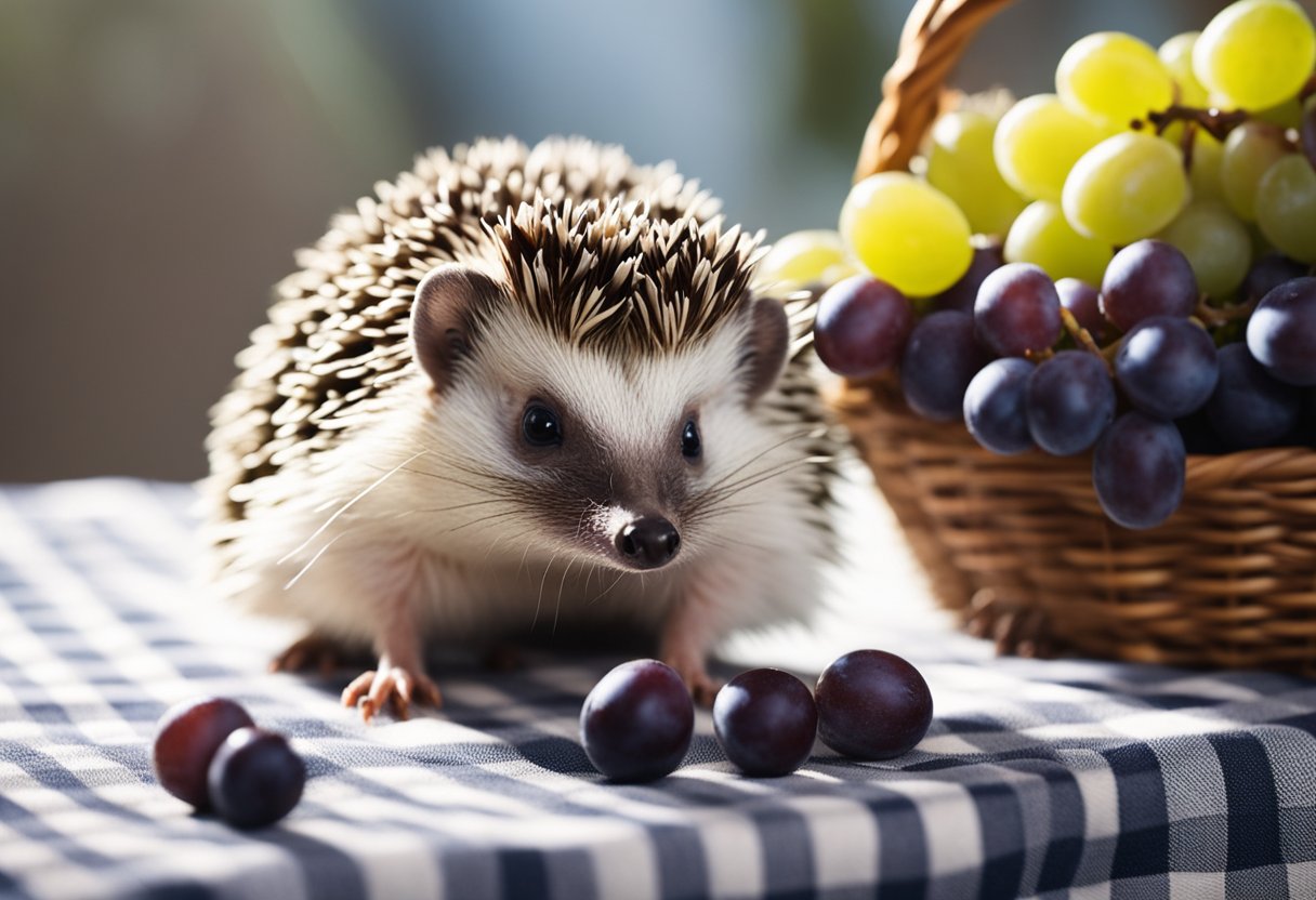 A hedgehog with a curious expression sniffs a bunch of grapes on a checkered tablecloth