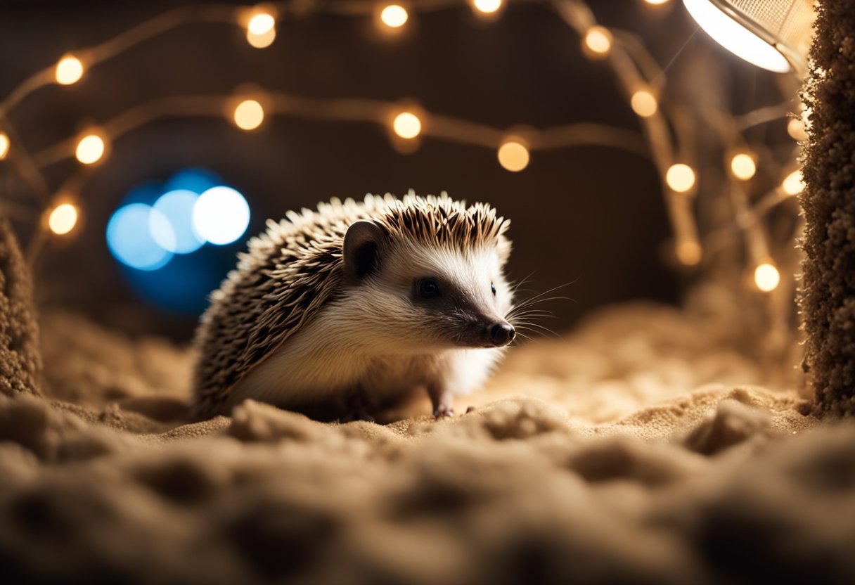 A hedgehog sits in a cozy enclosure, basking under a heat lamp, surrounded by soft bedding and a shallow dish of water
