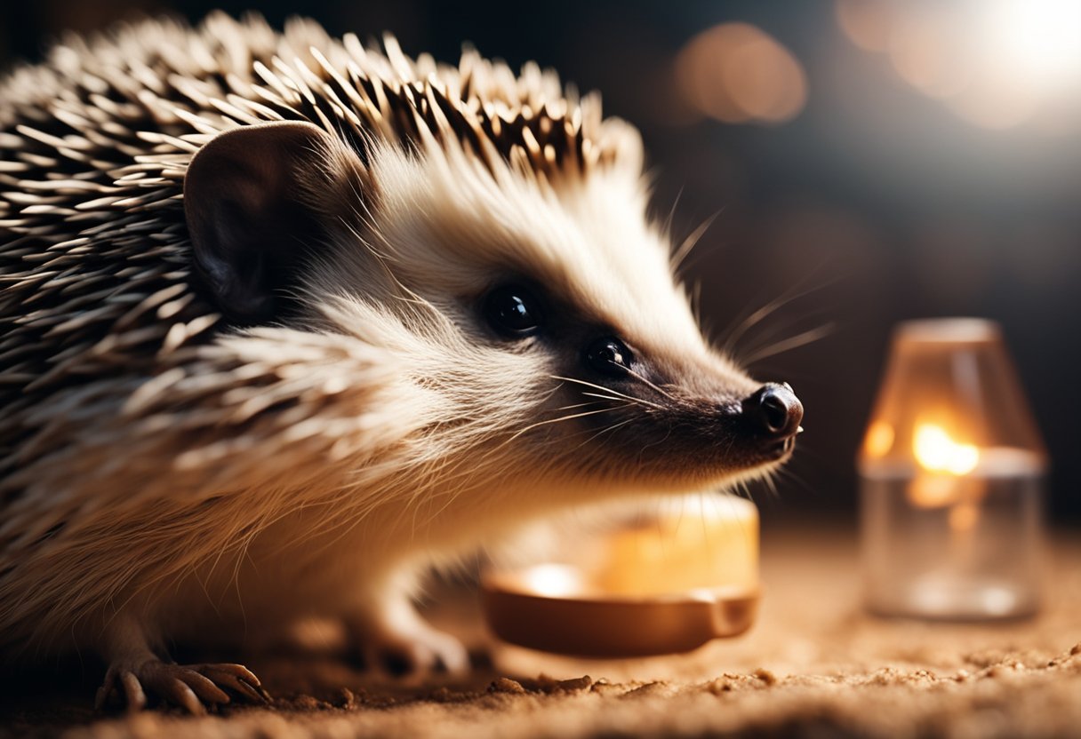 A hedgehog basks under a warm heat lamp in a cozy enclosure, seeking the necessary warmth for its comfort and well-being