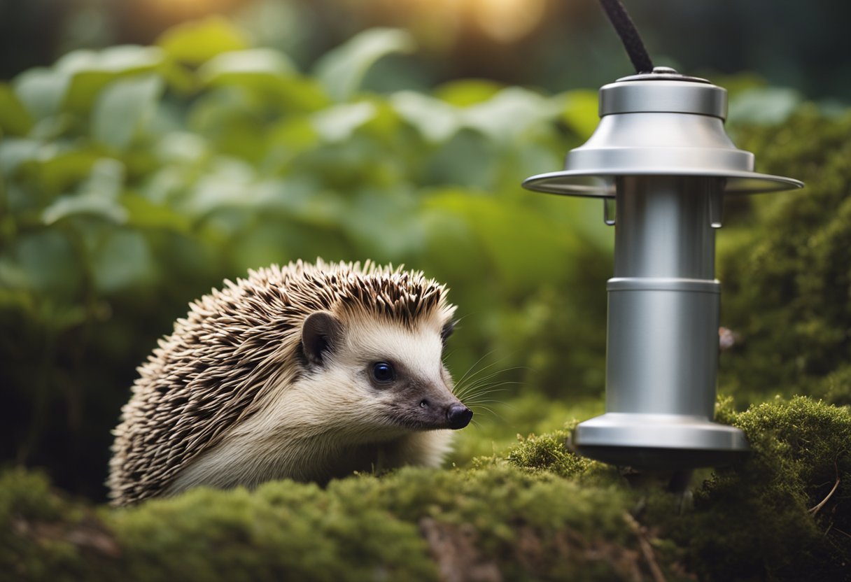 A heat lamp hangs over a hedgehog's habitat, providing warmth