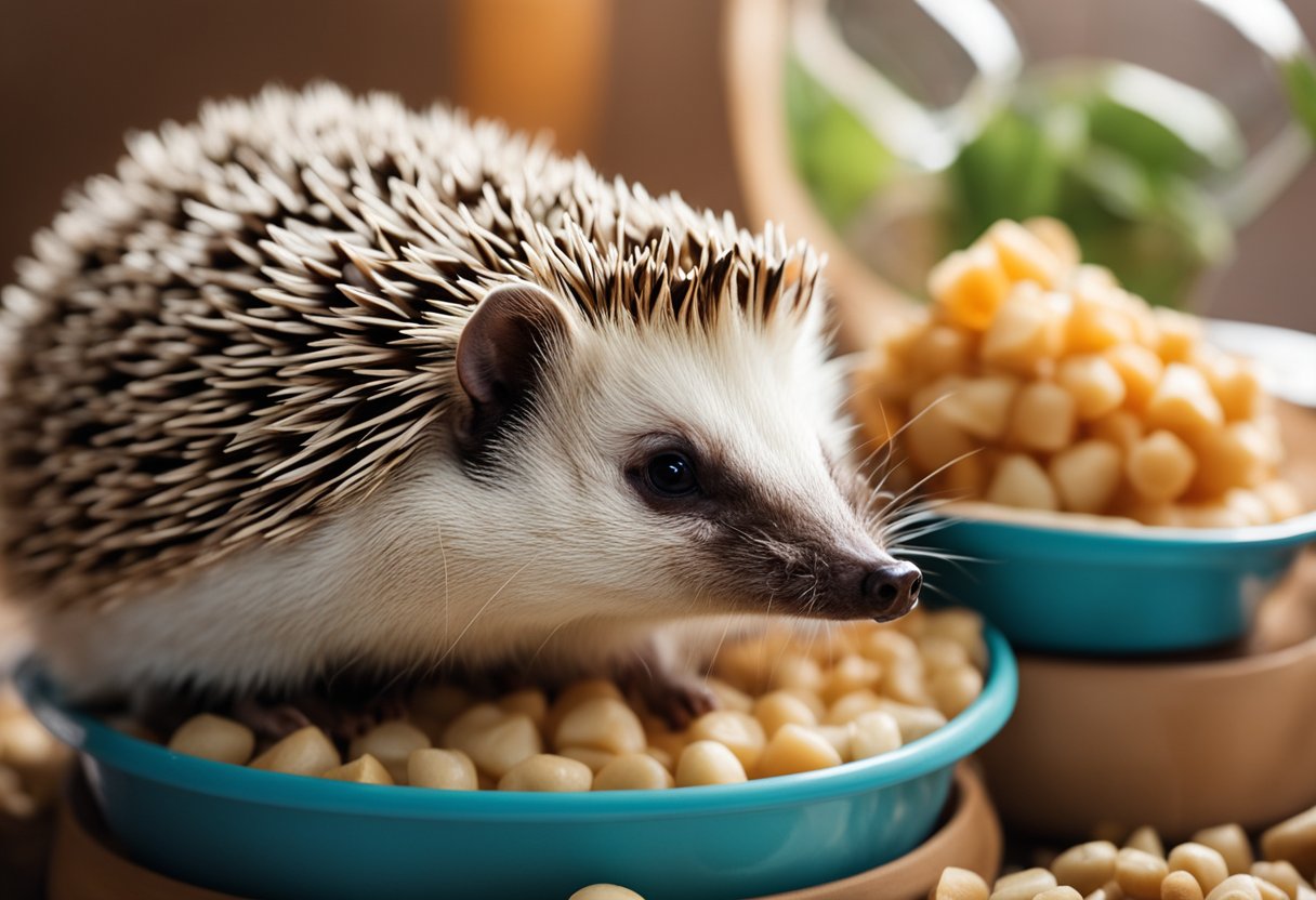 A hedgehog basks under a heat lamp, surrounded by a cozy bedding, food and water dishes, and a wheel for exercise