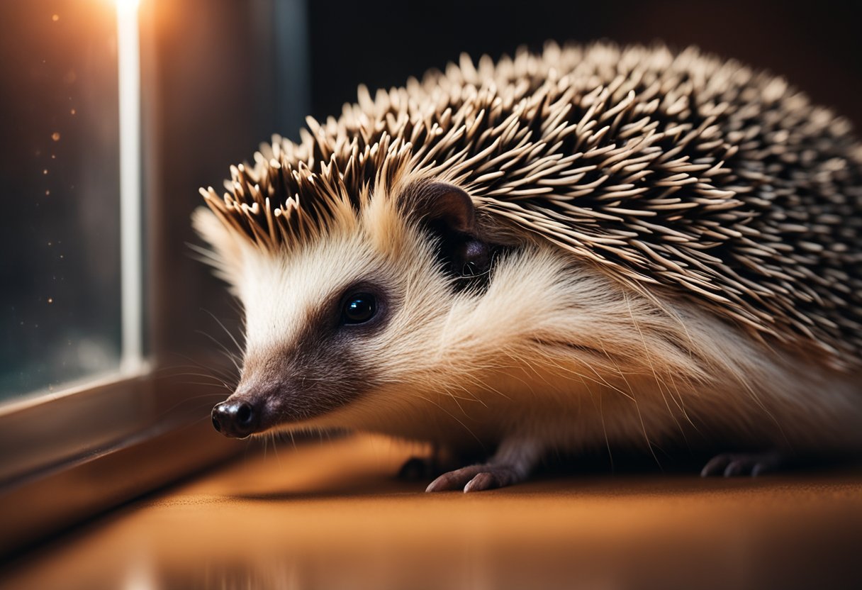 A hedgehog basks under a warm heat lamp in a cozy enclosure