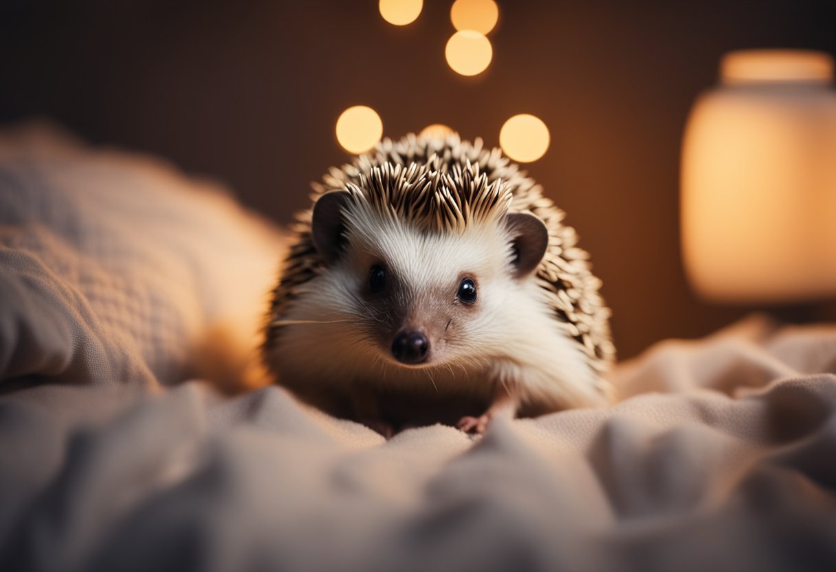 A hedgehog sits under a heat lamp, surrounded by a cozy bedding, with a curious expression on its face