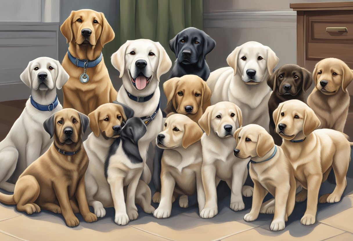 Trigger, the guide dog, surrounded by a large group of puppies, all looking up at him adoringly. He stands proudly, with a gentle and wise expression, as the little ones play around him