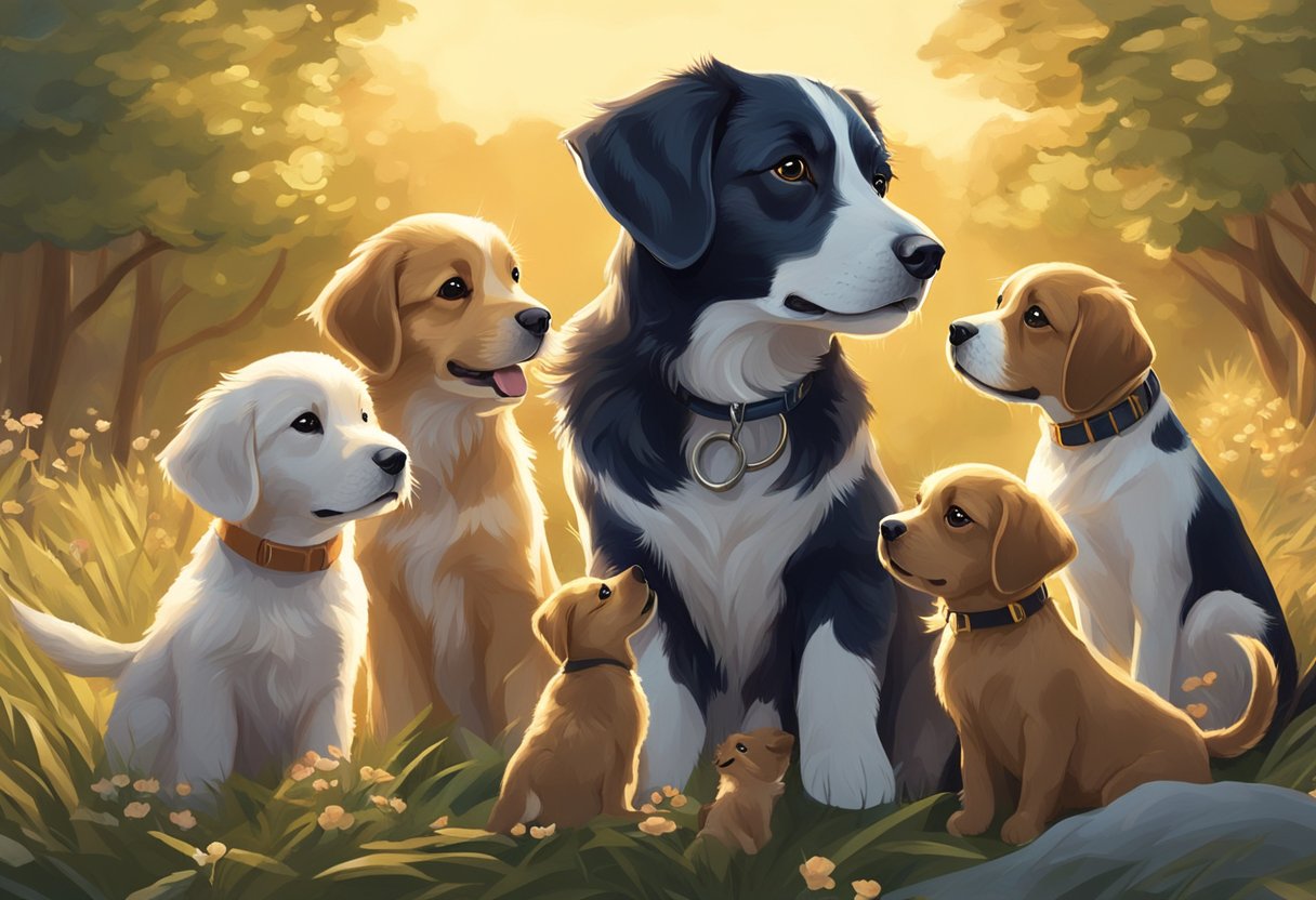 Trigger stands proudly, surrounded by a litter of adorable puppies, each one looking up at him with adoration. The sun shines down, casting a warm glow over the scene, symbolizing the bright future that Trigger has helped to create