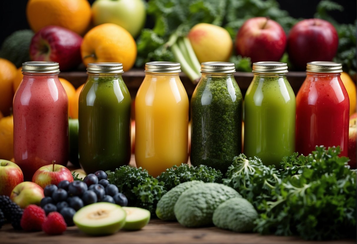A colorful array of fruits and vegetables, such as apples, kale, and ginger, are being juiced into a vibrant, nutrient-rich drink