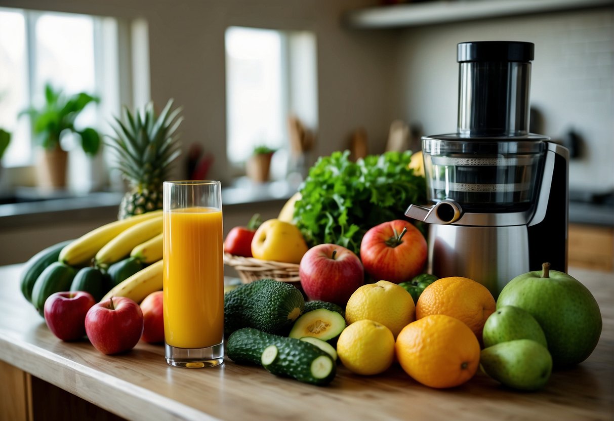 A colorful array of fresh fruits and vegetables piled high on a kitchen counter, with a juicer and glass bottles ready for use