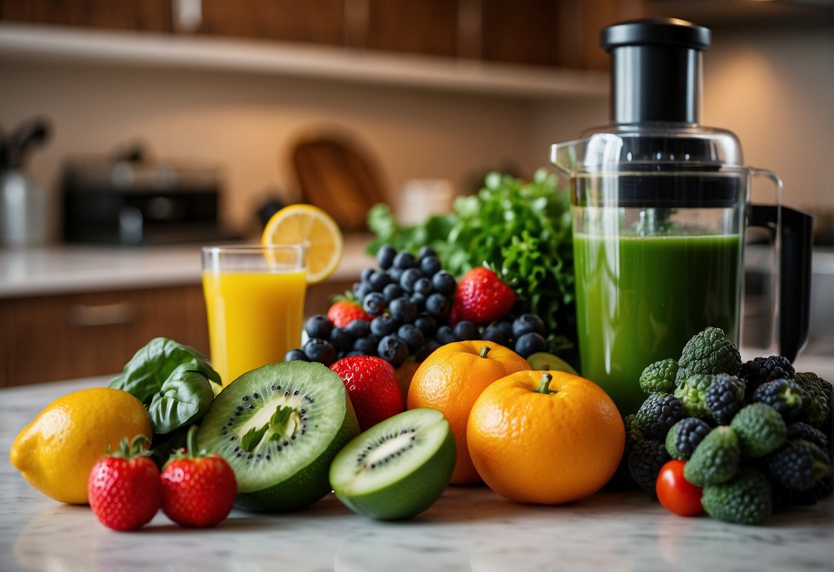 Fresh fruits and vegetables arranged on a kitchen counter, with a juicer and recipe book nearby. A glass of vibrant green juice sits next to a pile of colorful produce
