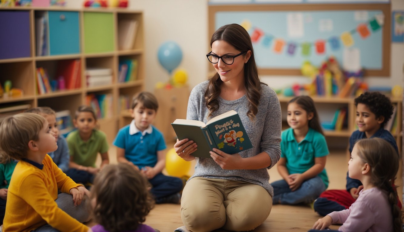 Uma sala de aula com decorações coloridas e um aconchegante cantinho de leitura. Uma professora segura um livro intitulado "Douglas quer um abraço", enquanto um grupo de alunos da pré-escola ouve atentamente