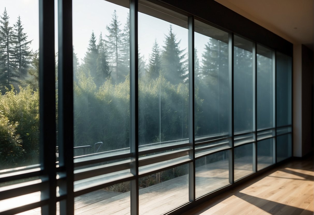 The window glass changes from opaque to clear as electric smart film is activated