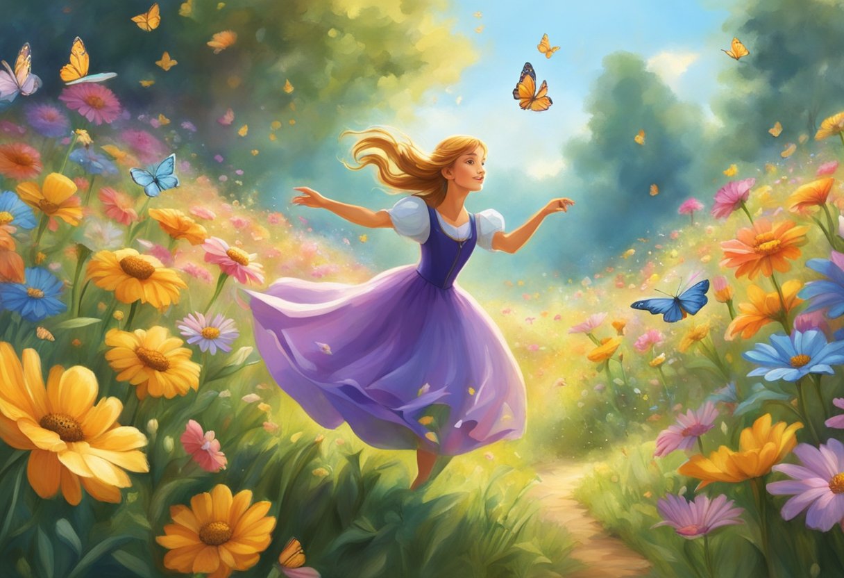 Thumbelina dances among colorful flowers in a sunlit meadow. Butterflies flutter around her as she twirls gracefully