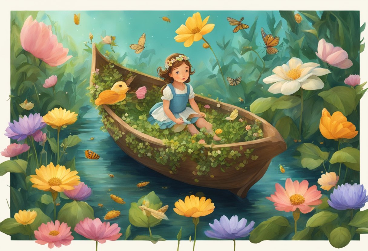 Thumbelina Andersen's original fairy tale: a tiny girl in a flower petal boat, surrounded by insects in a magical garden