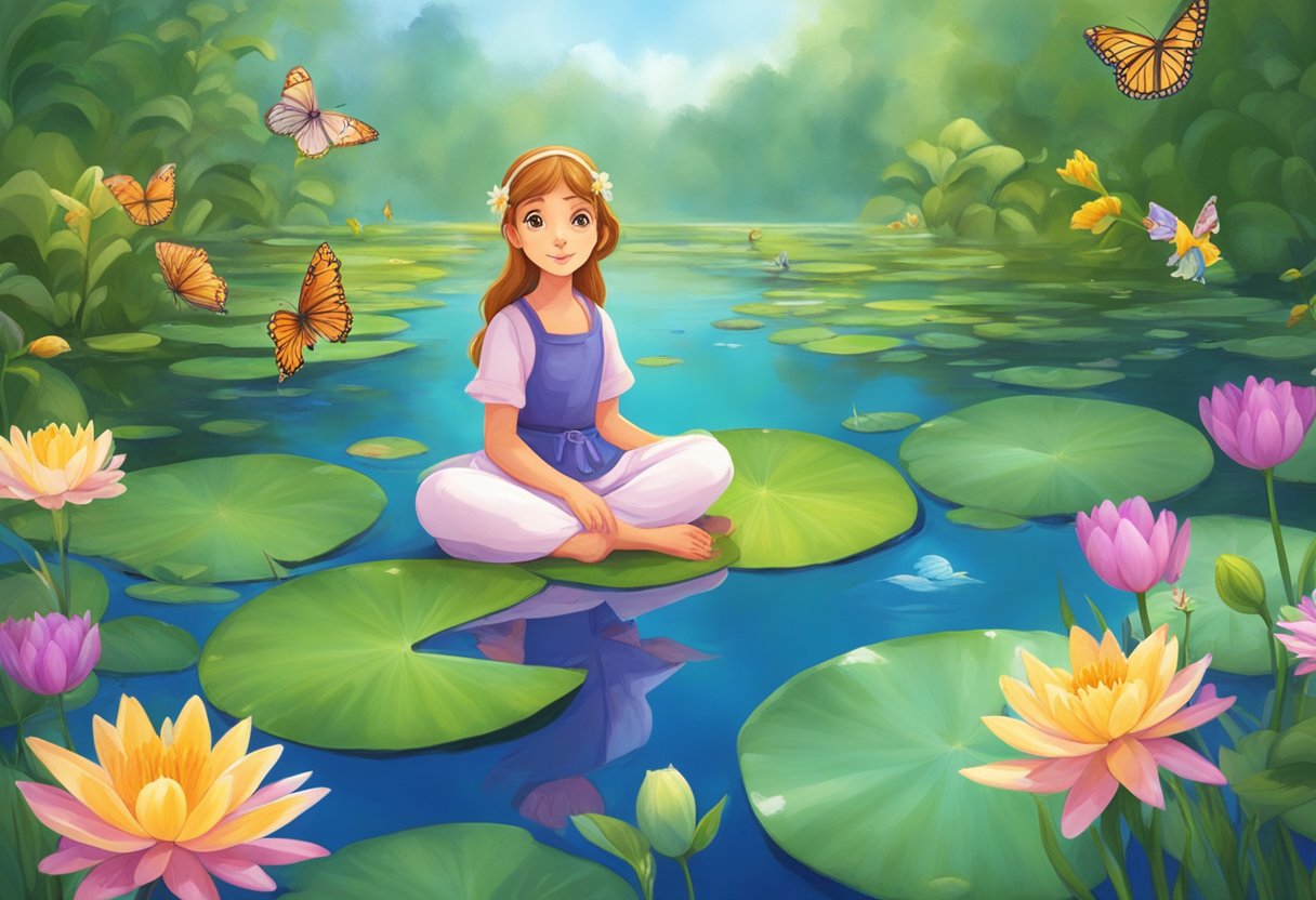 Thumbelina sits on a lily pad in a pond surrounded by colorful flowers and butterflies. She gazes at the blue sky as birds chirp in the distance