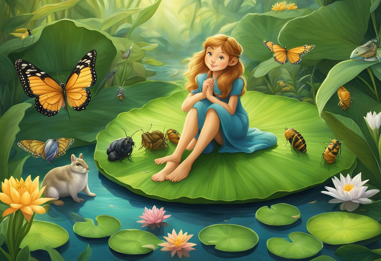 Thumbelina sits on a lily pad, surrounded by friendly insects and animals in a lush garden