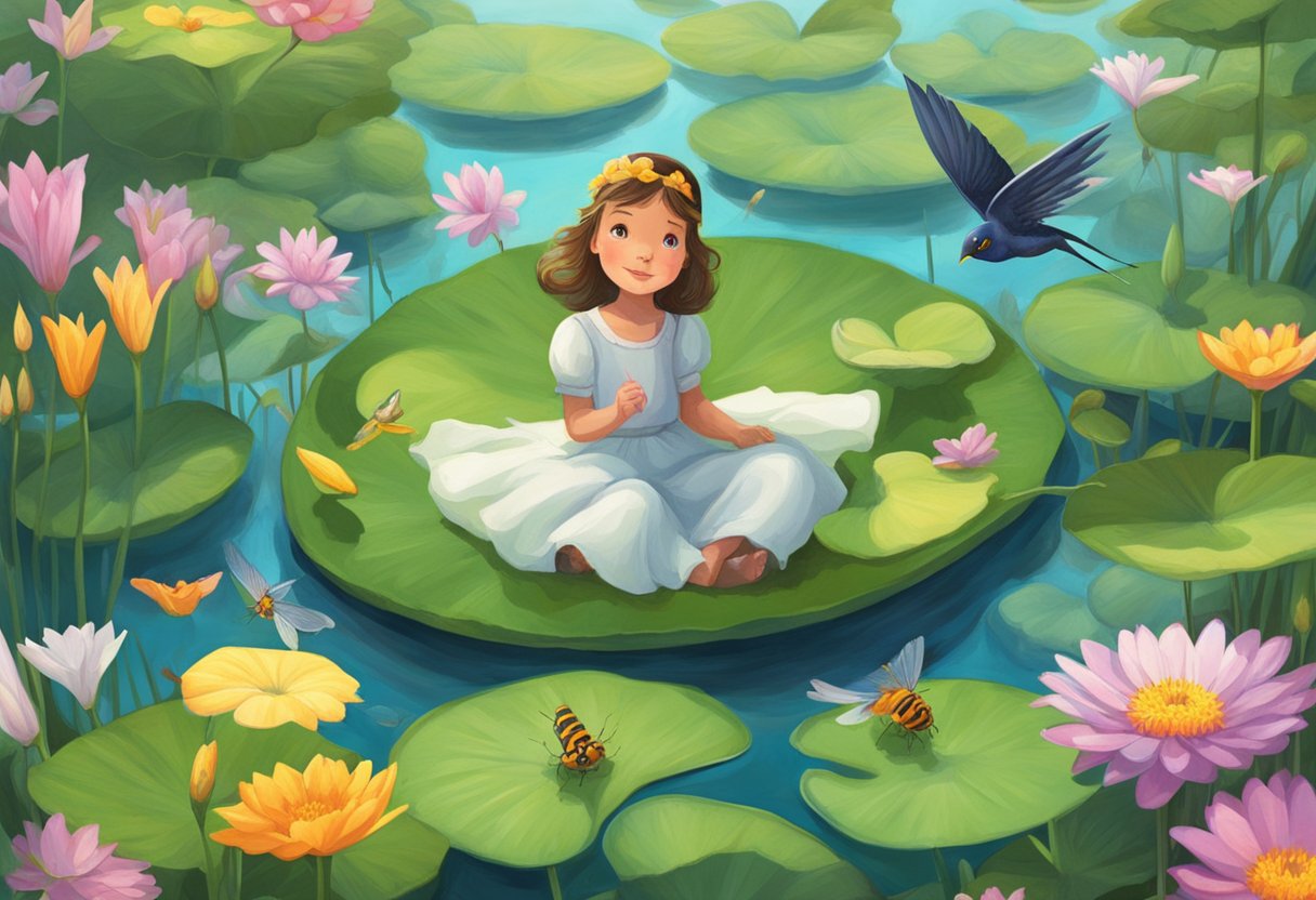 Thumbelina, a tiny girl, sits atop a lily pad surrounded by colorful flowers and insects. A swallow flies overhead, symbolizing freedom and escape