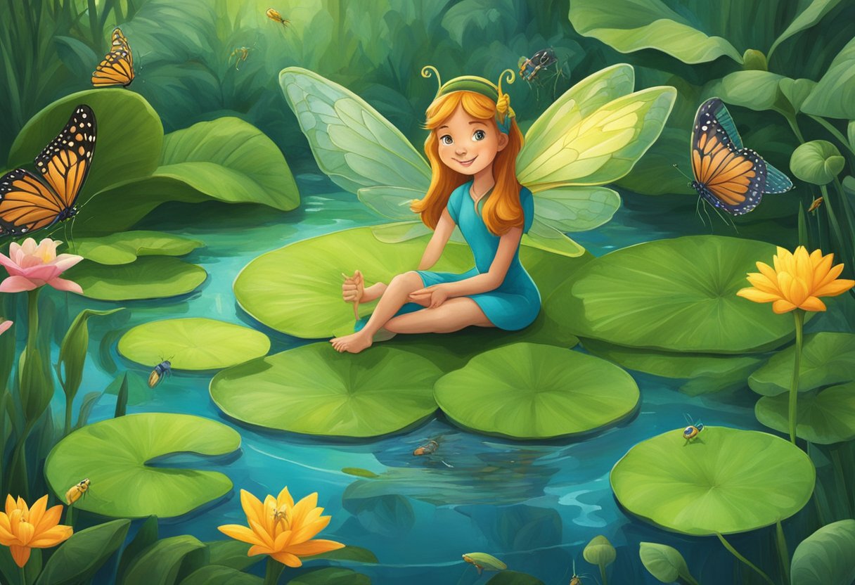 Thumbelina sits on a lily pad, surrounded by friendly insects and animals, in a lush, magical garden