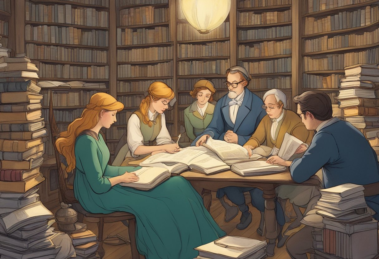 A group of critics analyzing Thumbelina, surrounded by books and writing notes, discussing Andersen's original fairy tale