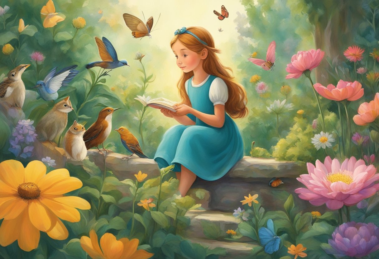 Thumbelina explores a magical garden, surrounded by vibrant flowers and tiny creatures. She is captivated by the beauty and wonder of nature, showcasing the timeless relevance of Andersen's fairy tale